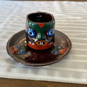 Unique Vintage Teacup and Saucer Set with Voodoo Type Artwork Made in Japan